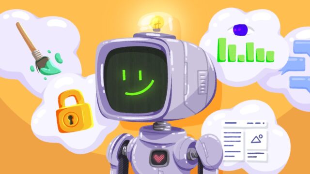 Robot avec un visage et un coeur entouré de bulles de pensées avec un pinceau, un cadenas, des statistqiues, un wireframe et des bulles de conversation